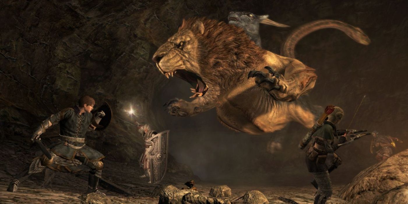 The protagonist of Dragon's Dogma and his Pawns fighting a leonine Chimera.