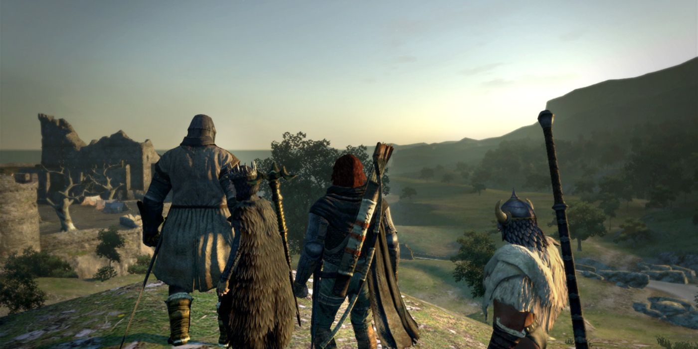 The hero of Dragon's Dogma with his Pawns overlooking the open world.