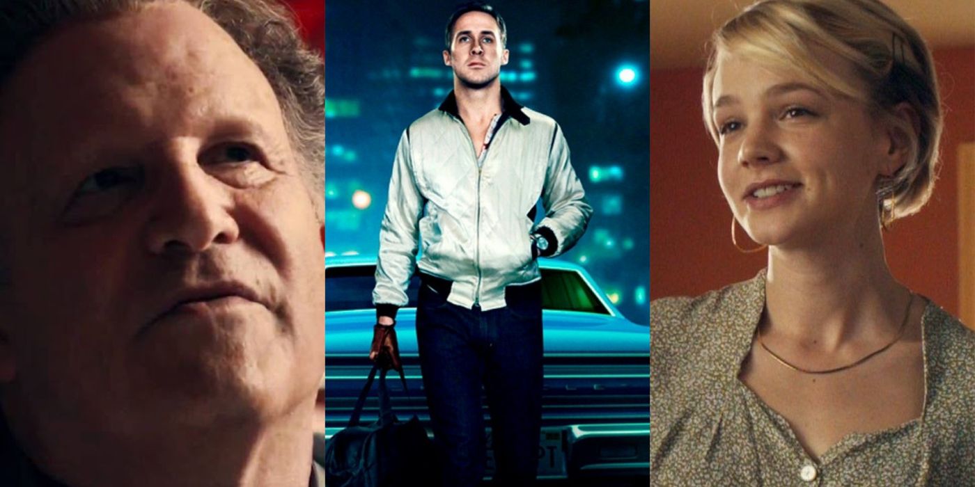 Split image of Albert Brooks, Ryan Gosling and Carey Mulligan in Drive