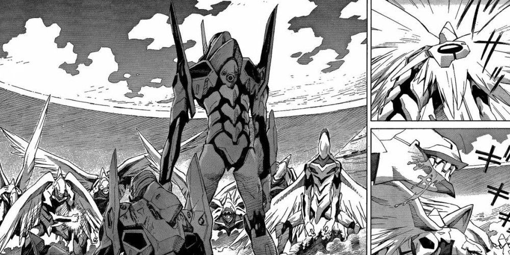 EVA suits facing off the Angels in Neon Genesis Evangelion manga