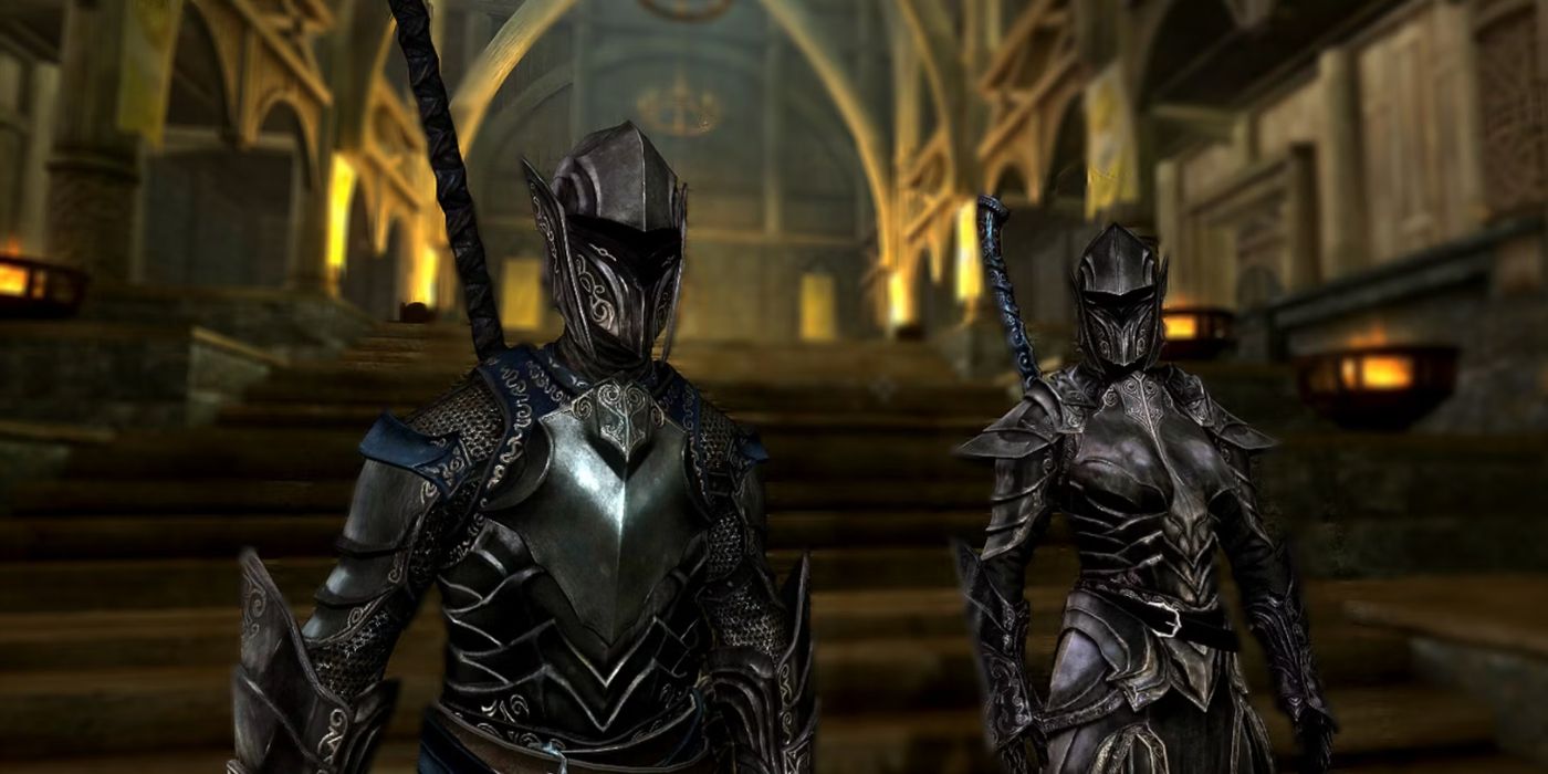 Two characters wearing the full Ebony Armor set in Skyrim.