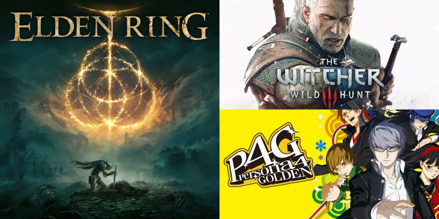 Split image of Elden Ring, The Witcher 3, and Persona 4 Golden key art.