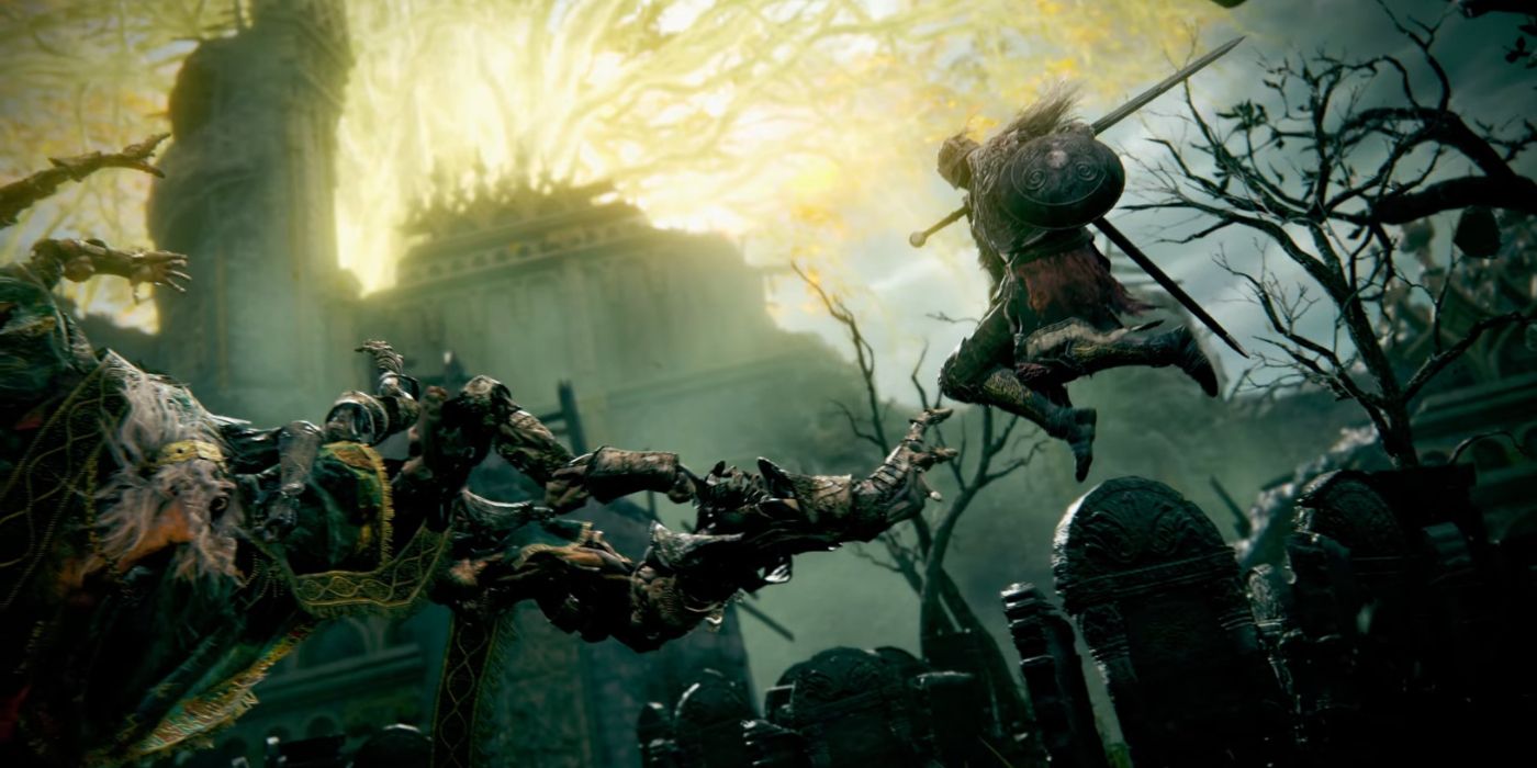 The Tarnished lunging with his sword at Godrick the Grafted with the Erdtree in the background.