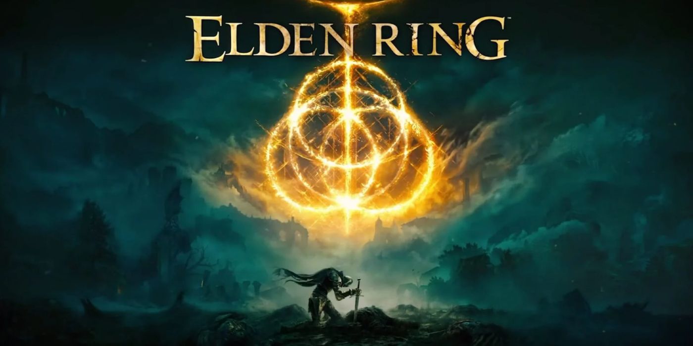 The Tarnished kneeling with his sword under the titular Elden Ring in key art.