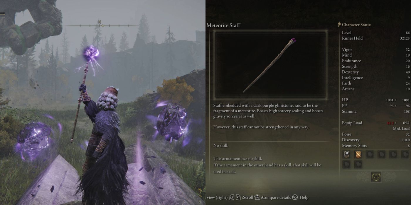 Split image of the player using a staff in-game and the Meteorite Staff in Elden Ring's menu.