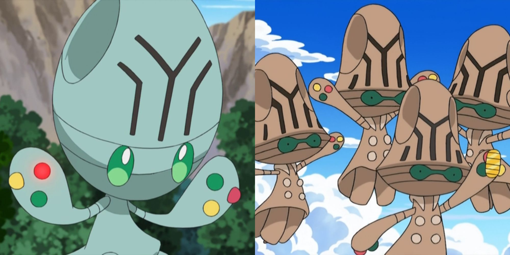 Split image showing Elgyem and a group of Beheeyem in the Pokémon anime.