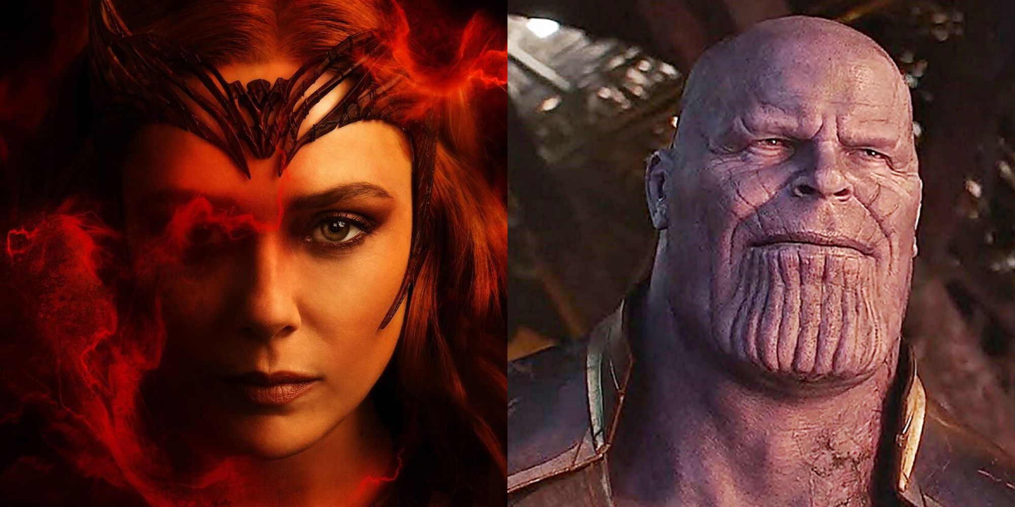 Split image showing Scarlet Witch in Doctor Strange in the MoM and Thanos in Avengers: Infinity War.