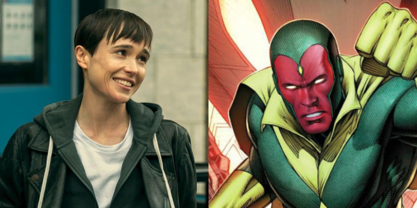 Split image showing Viktor in The Umbrella Academy and Vision in Marvel Comics.