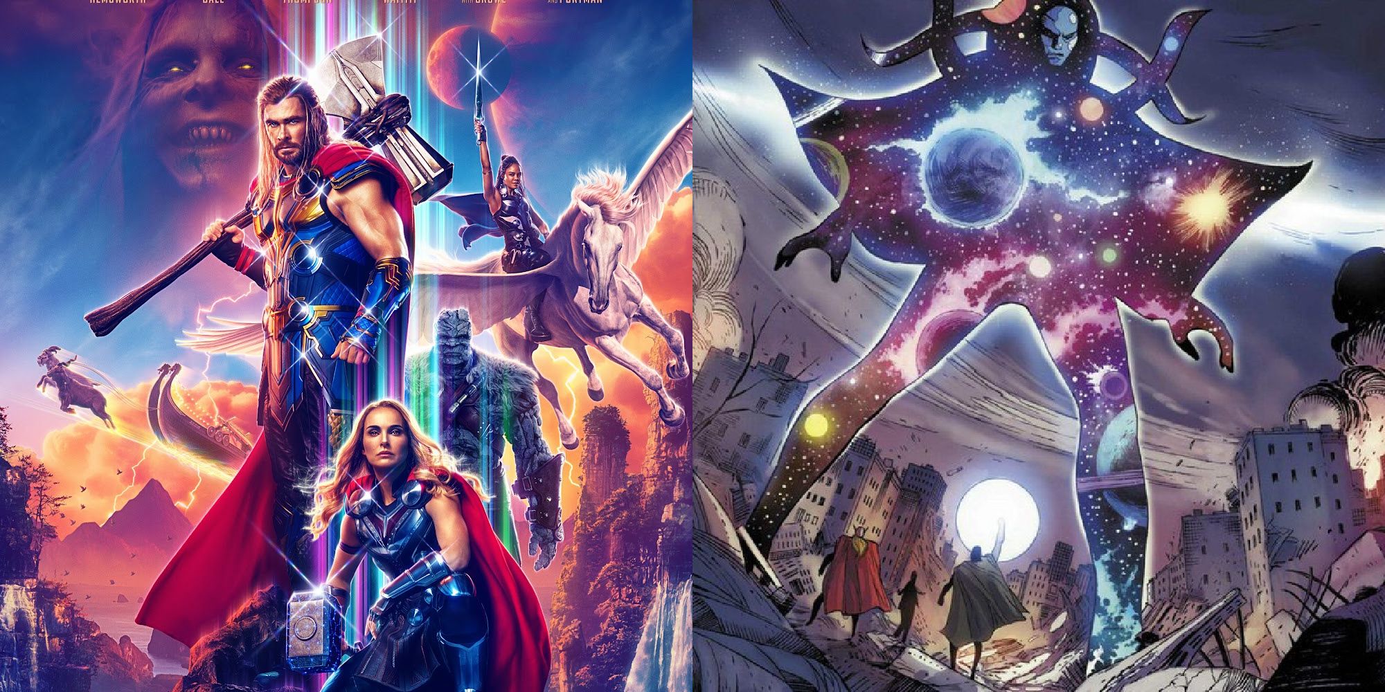 Split image of Thor: Love and Thunder poster and Eternity from Marvel Comics.
