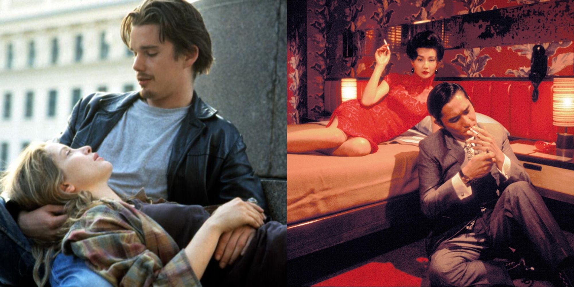Split image showing the main characters from Before Sunrise and In The Mood for Love.