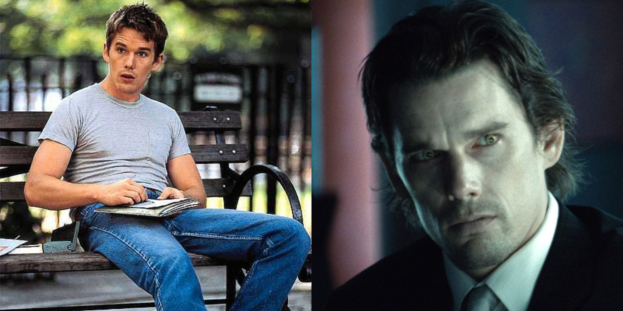 Split image showing Ethan Hawke in Great Expectations and Daybreakers.