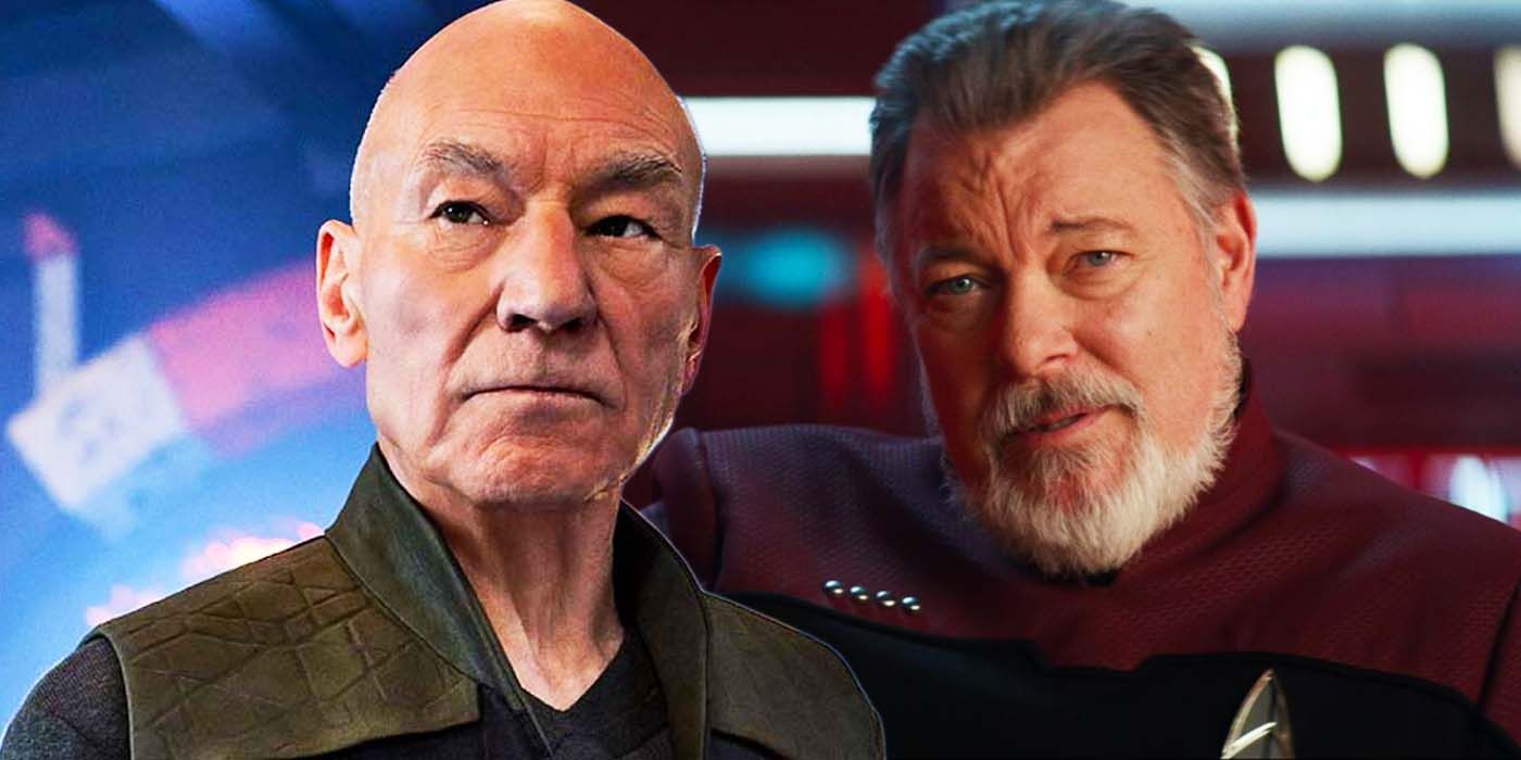 Jonathan Frakes as Riker and Patrick Stewart as Picard