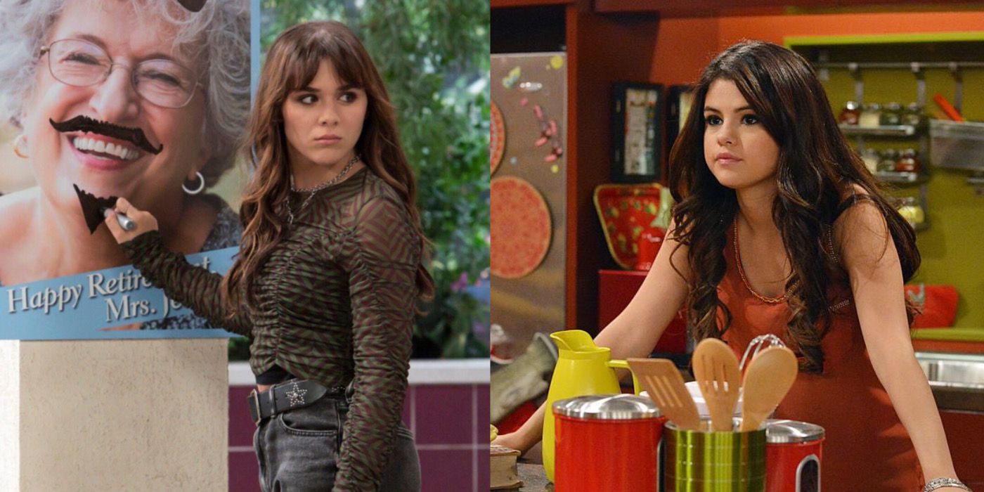 Split-image of Amy drawing on a picture of an older lady in VOVV and Alex leaning on her kitchen counter in WOWP