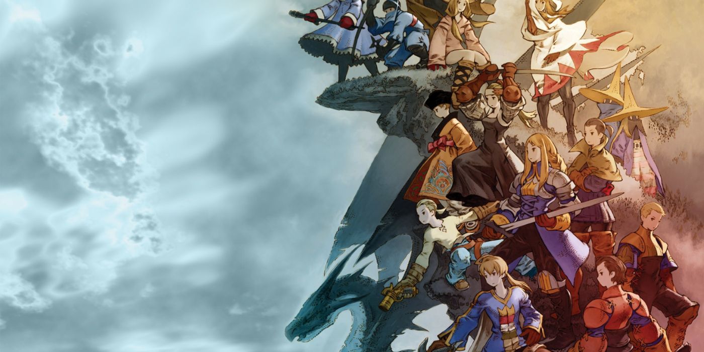 Key art for FF Tactics: War of the Lions with a collage of the main cast to one side.