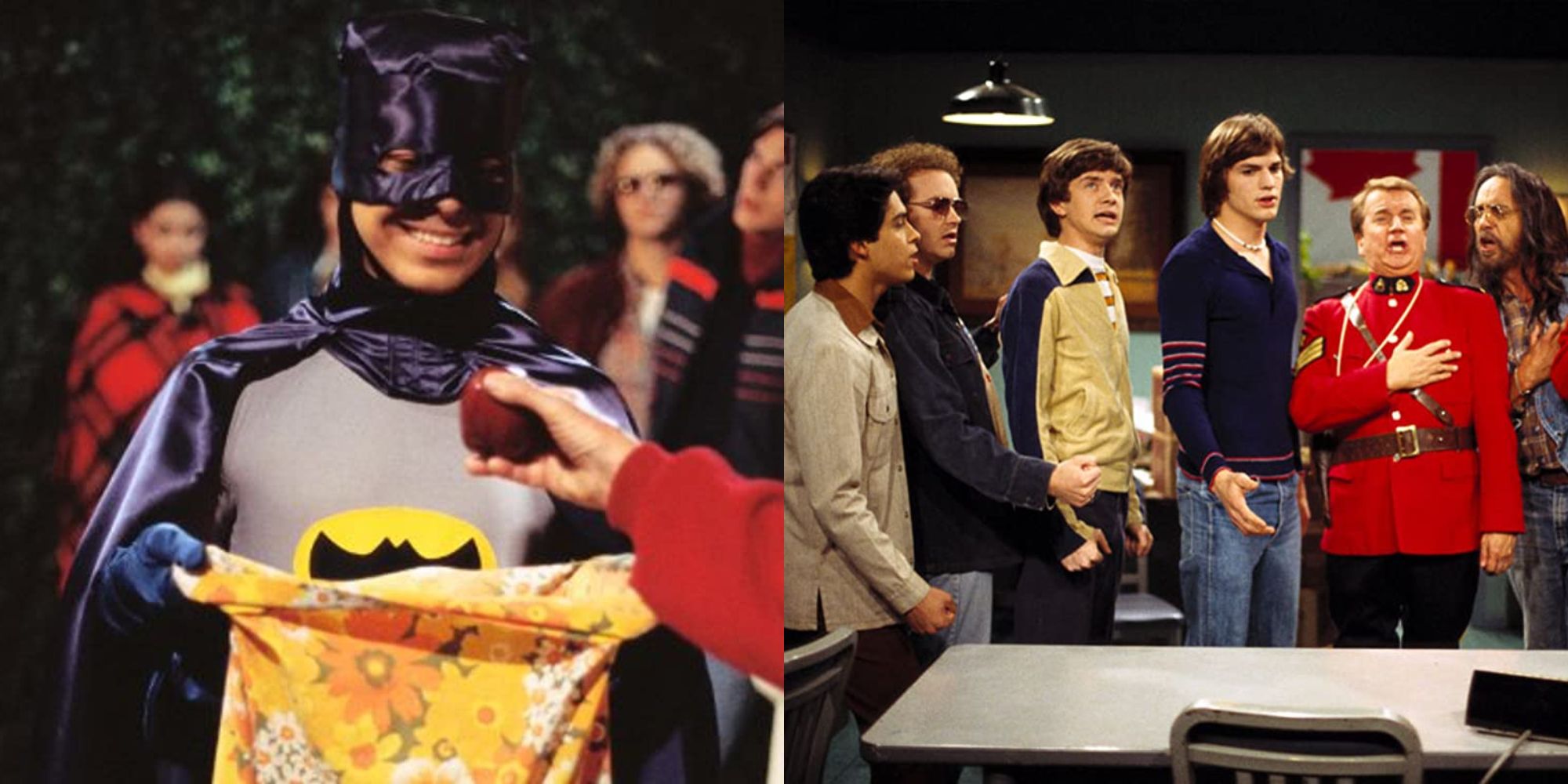 Split image showing Fez in a costume and the cast of That '70s Show with a Canadian officer.