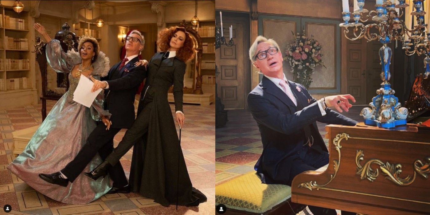 Split image of Fieg&rsquo;s instagram posts: the first with him, Charlize Theron, and Kerry Washington on set taking a dramatic step, and the second with Fieg seated at a piano on the same set