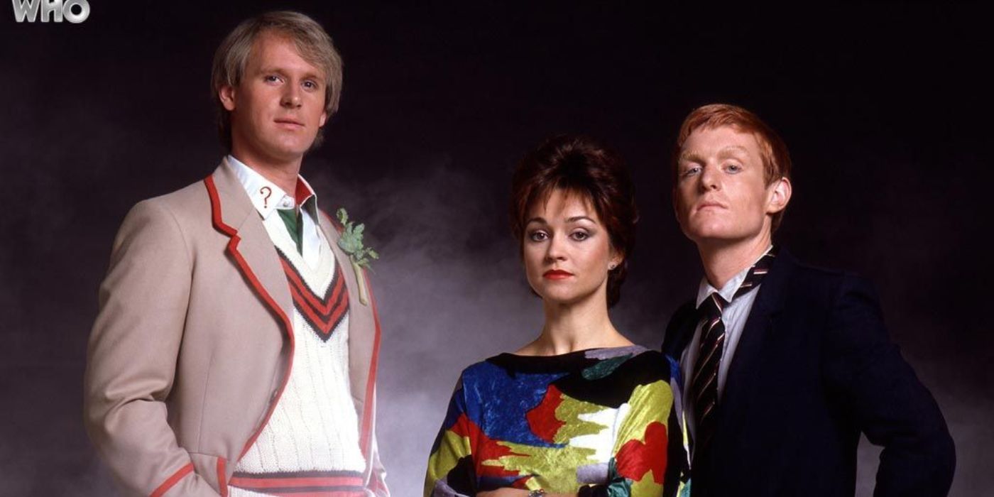 The Fifth Doctor, Tegan, and Turlough pose in a promo shot.