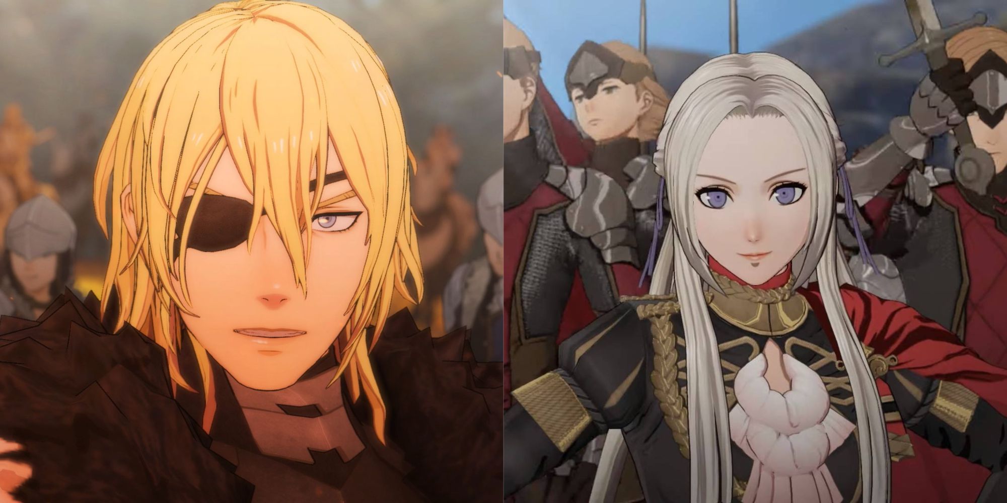 Split image of Dimitri and Edelgard in Fire Emblem