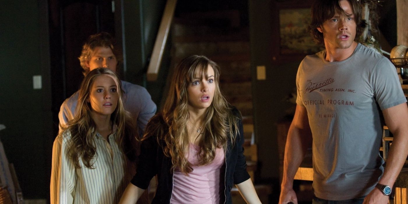 Julianna Guill as Bree with Danielle Panabaker as Jenna and Jared Padalecki as Clay Miller in Friday the 13th