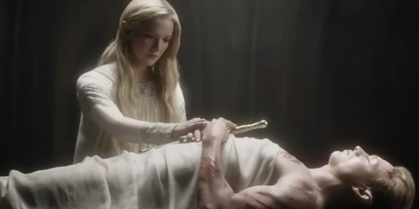 Galadriel by her brother Finrod's body in The Rings of Power