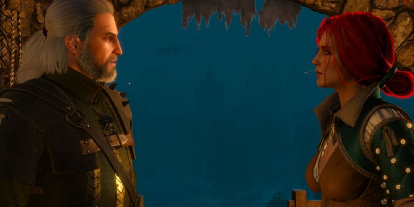 Geralt and Triss facing each other at the lighthouse in Now or Never.