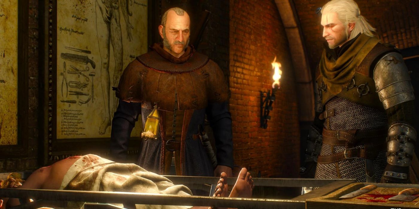 Doctor Joachim von Gratz with Geralt in a morgue in Novigrad.