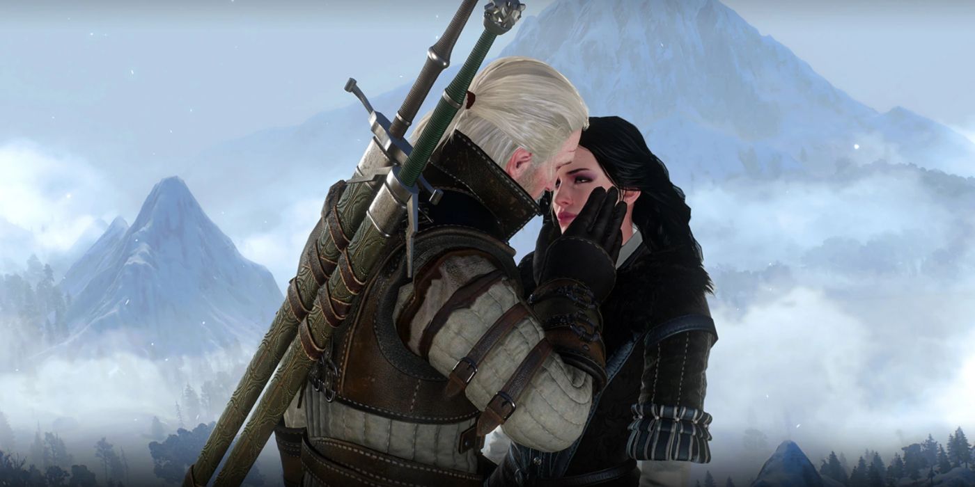 Geralt and Yennefer embracing each other atop a snowy mountain in The Last Wish.