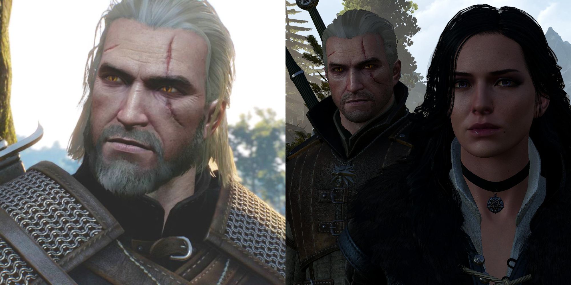 Split image showing Geralt alone and with Yennefer in The Witcher III.