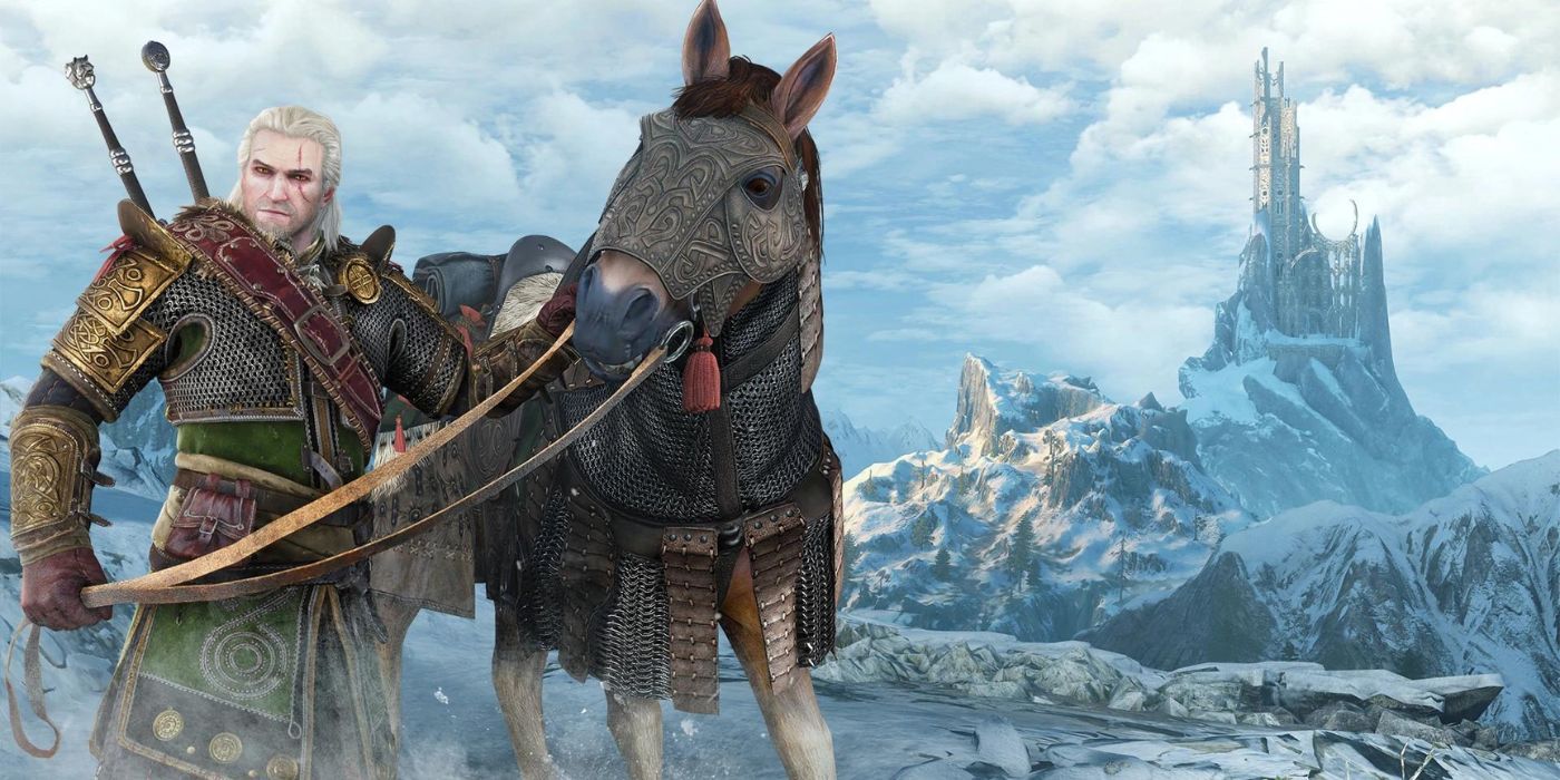 Geralt and Roach wearing the Skellige Set in The Witcher.