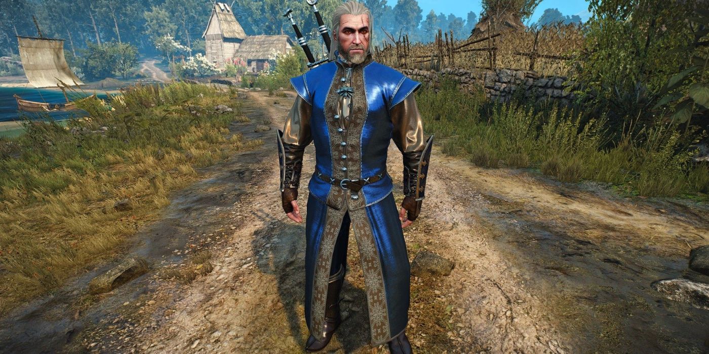 Geralt wearing the Ofieri Set and standing in a lonely road in The Witcher.