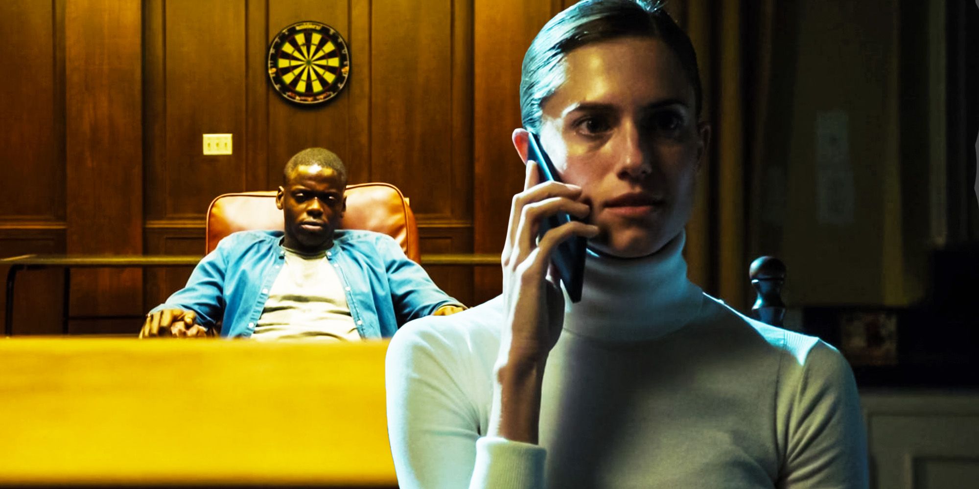 Split image of Chris in a chair and Rose talking on the phone in Get Out