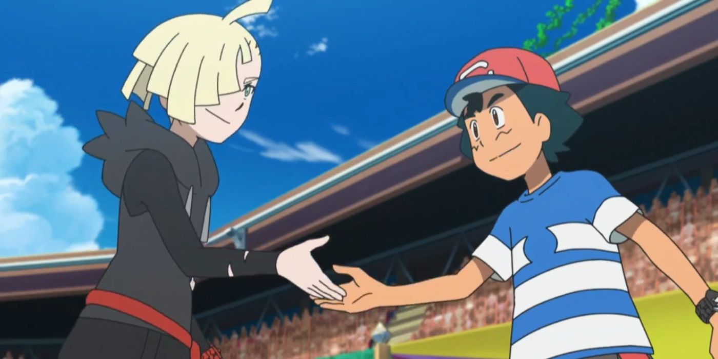 Gladion and Ash shaking hands in Pokemon