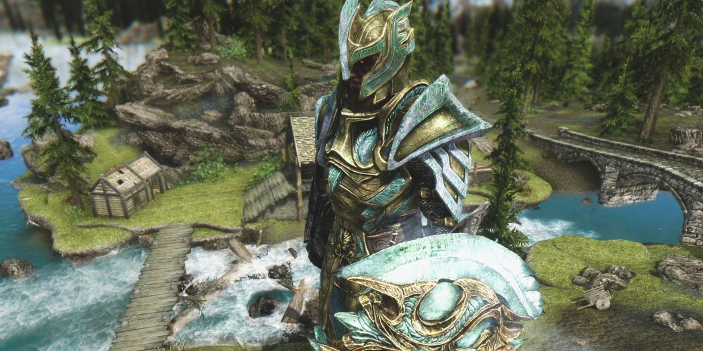 The player character wearing the full Glass Armor set in Skyrim.