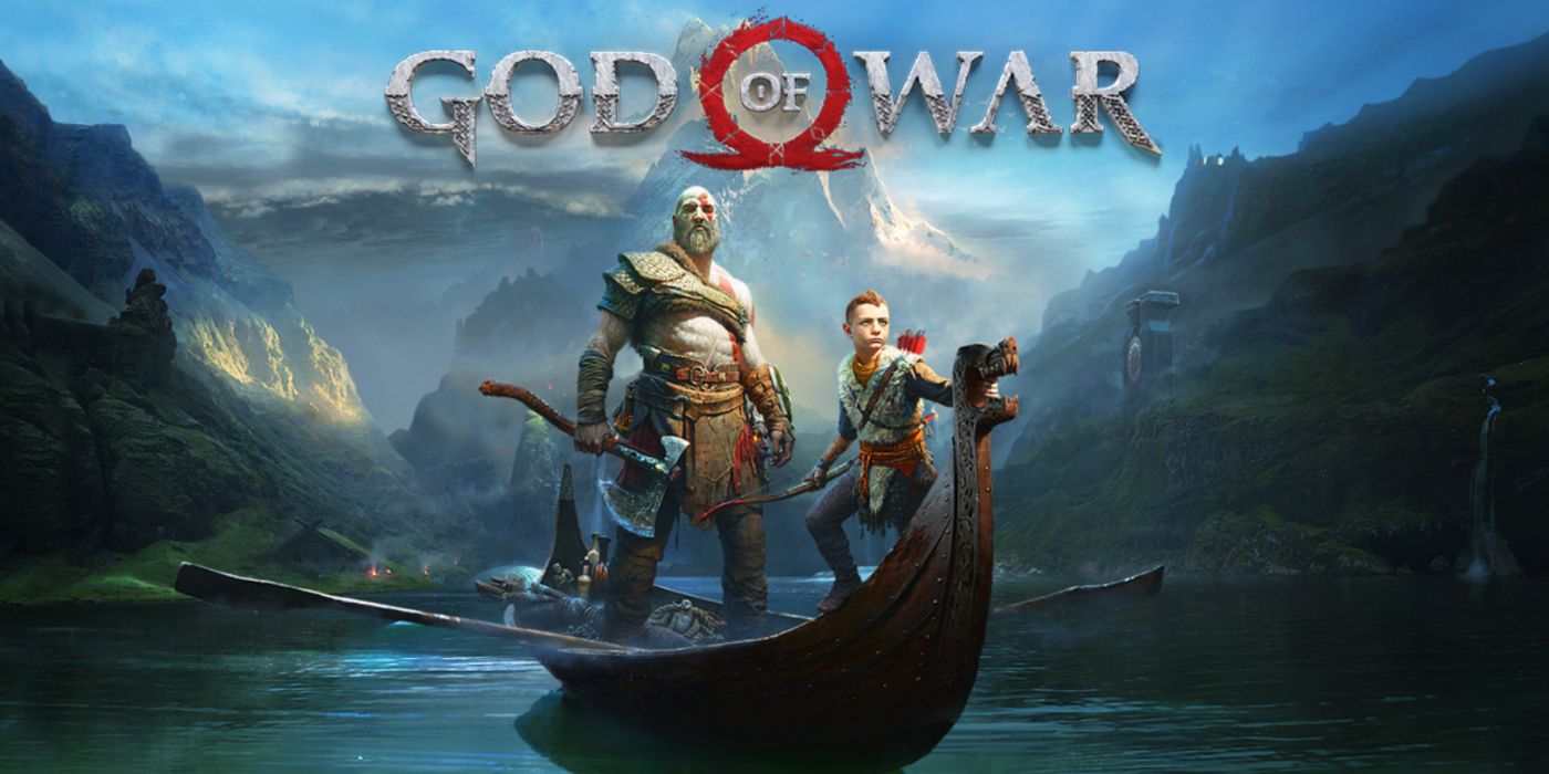 God of War promo art with Kratos and Atreus sailing on a canoe.