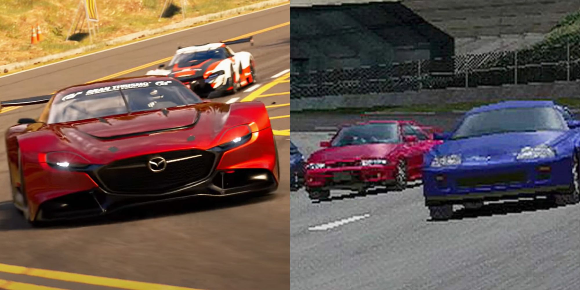 Split image of cars in Gran Turismo 7 and 1