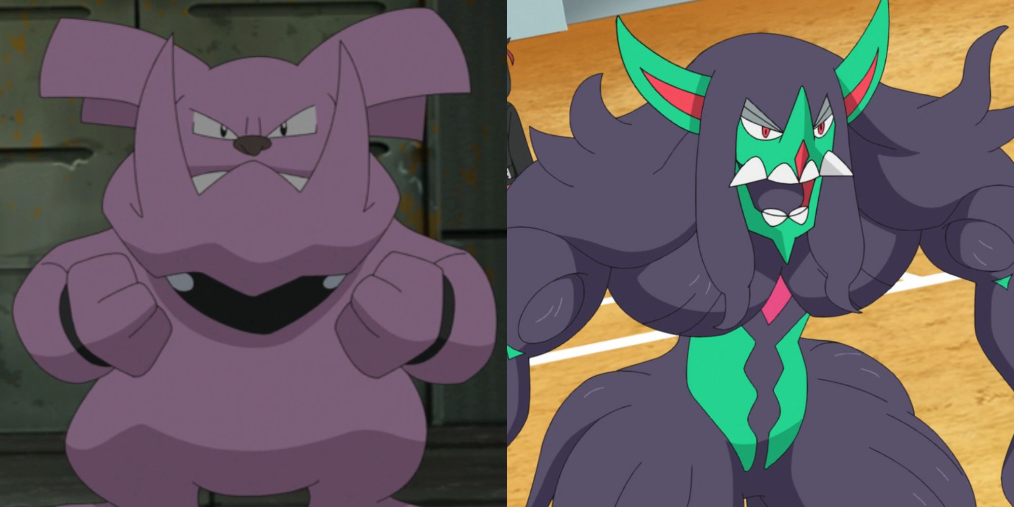 Split image showing Granbull and Grimmsnarl in the Pokémon anime.