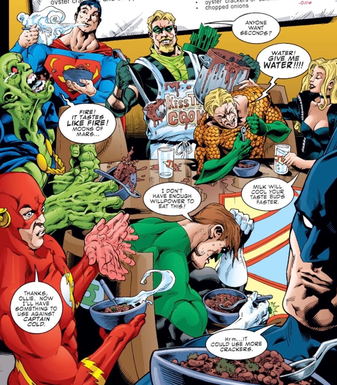 The Justice League reacts to Green Arrow's spicy chili.