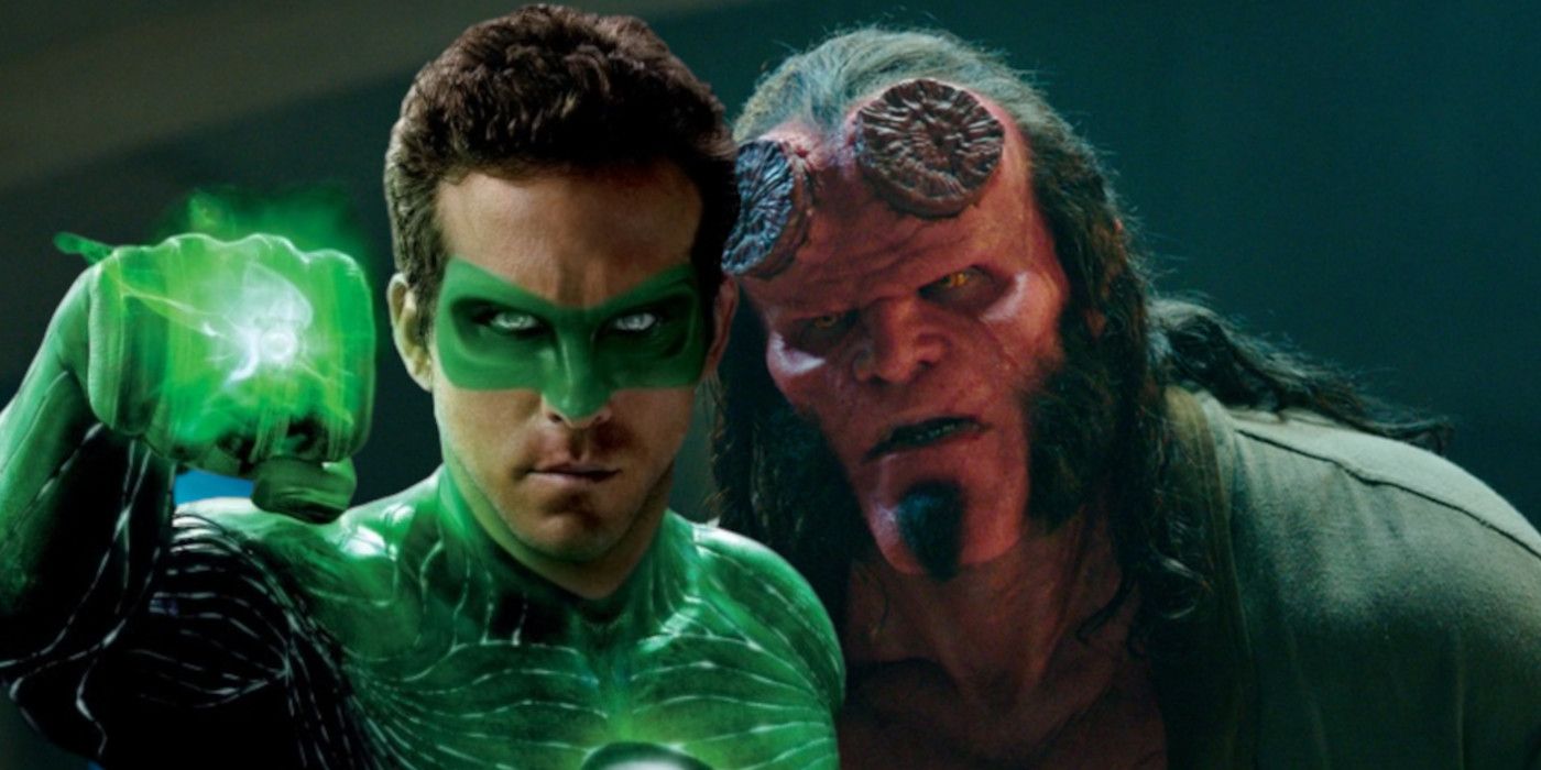 Ryan Reynolds as Green Lantern using his ring powers and David Harbour as Hellboy looking intimidating