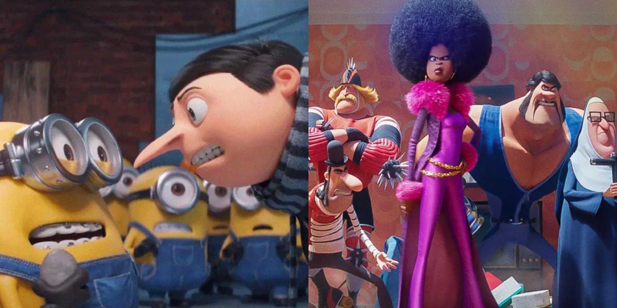 Split image showing Gru and the minions and the Vicious Six in Minions: The Rise of Gru.