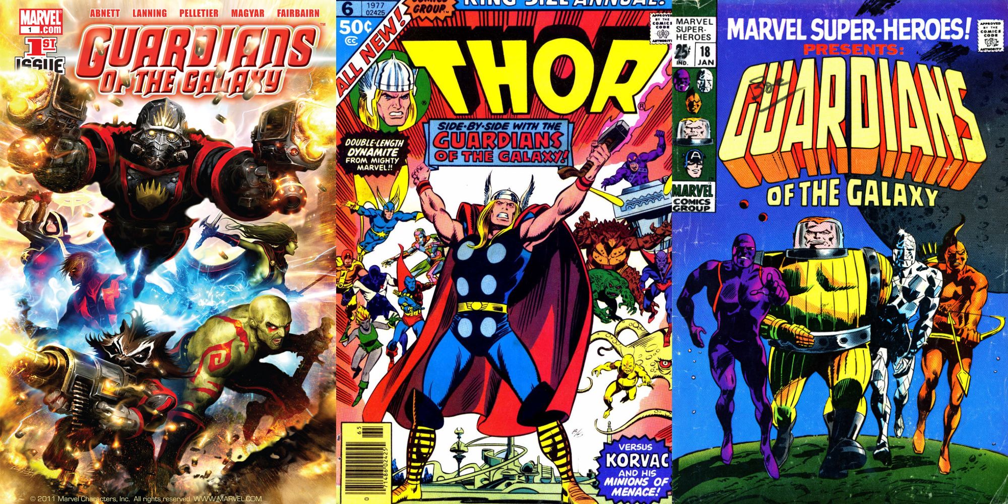 Split image of comic covers of Guardians of the Galaxy #1, Thor Annual #6, and Marvel Super-Heroes #18.