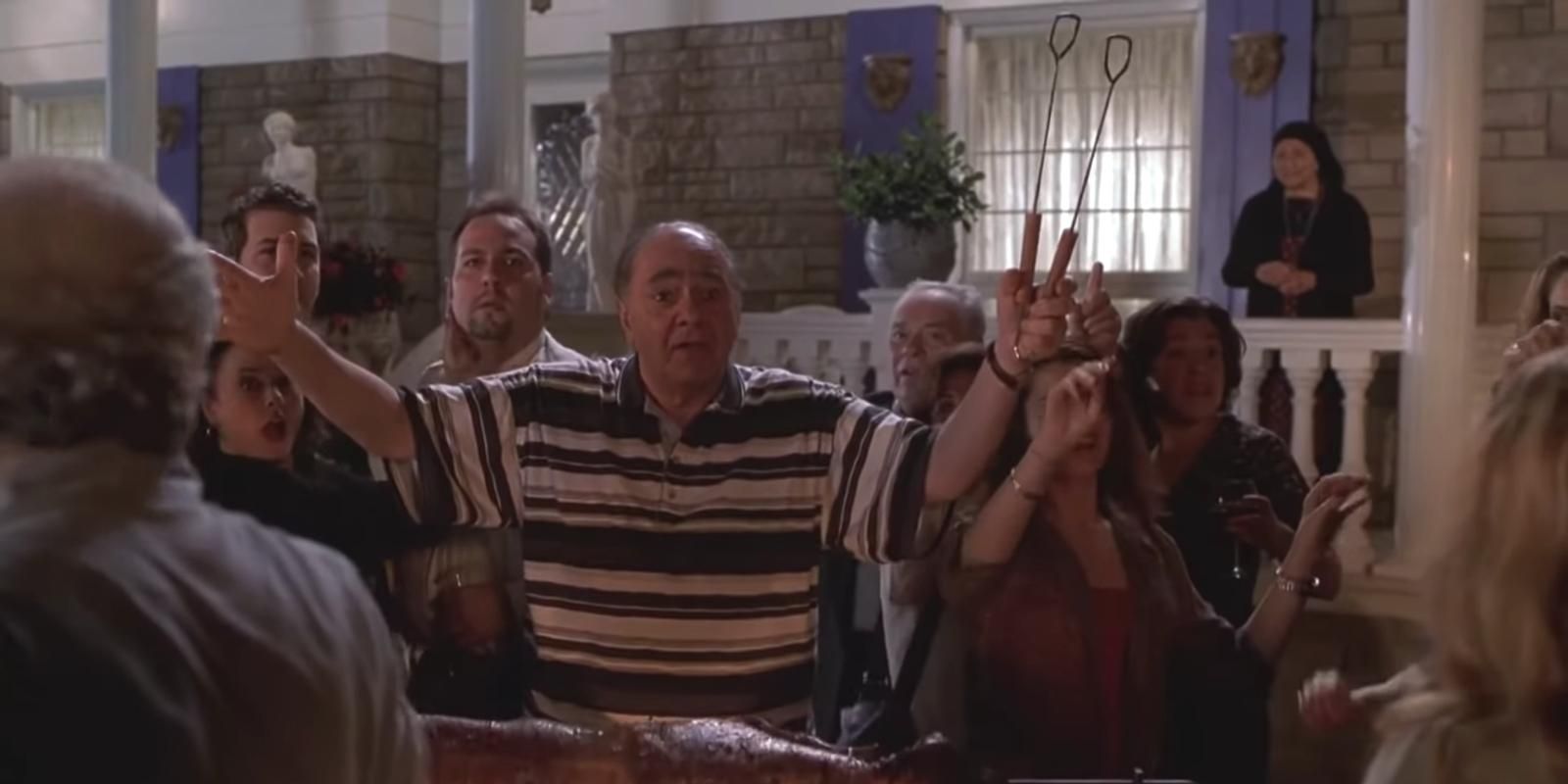 Gus Portokalos and his family during the big family dinner in My Big Fat Greek Wedding