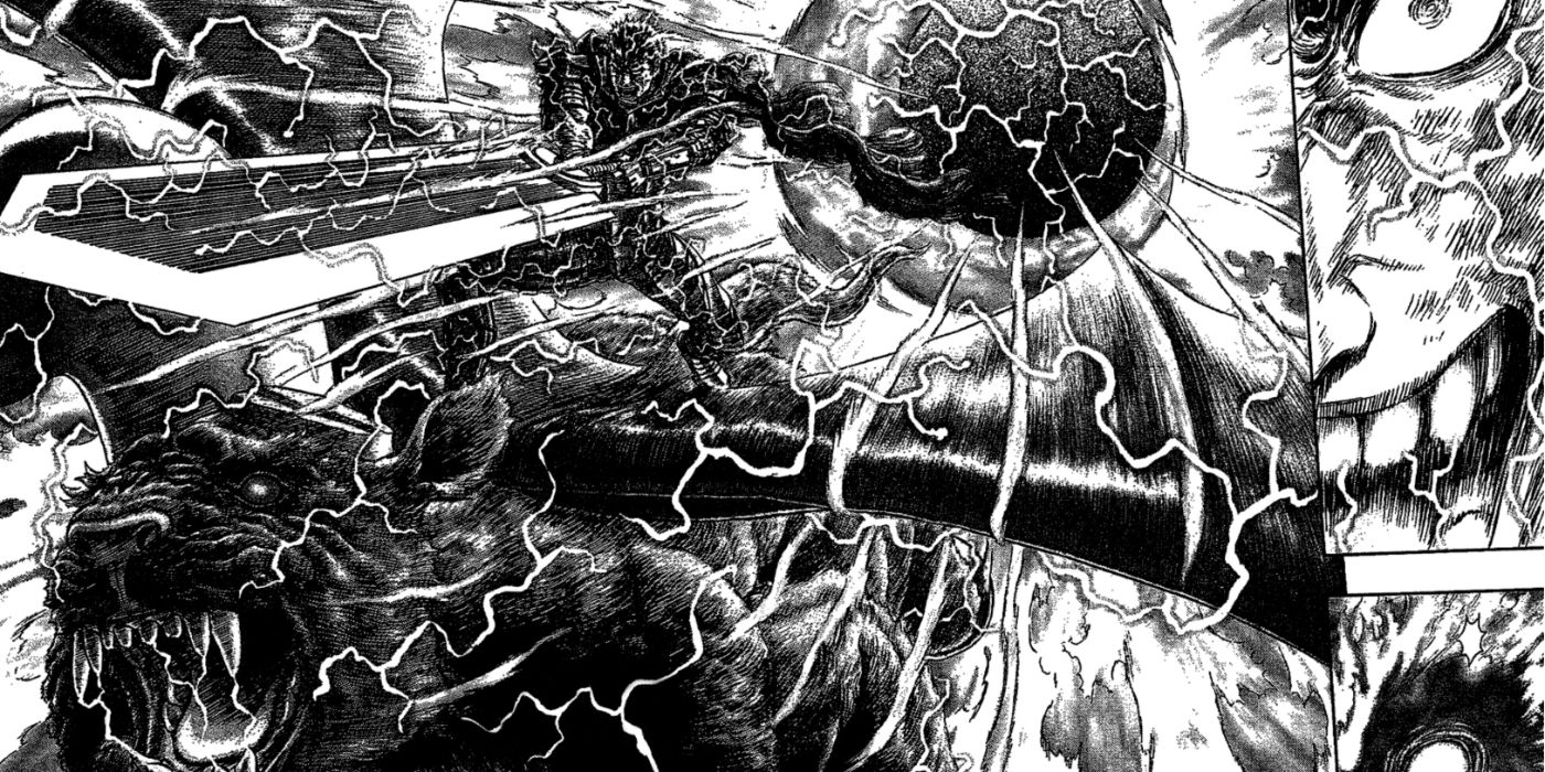 Berserk manga panel of Guts riding on Zodd each covered in lightning as they cleave through the Aspotle Emperor Ganishka of the Kushan Empire.