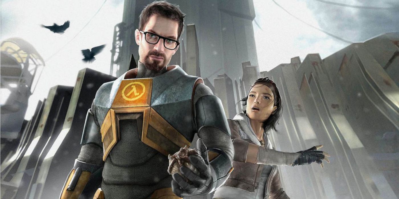 Gordon Freeman in his suit with Alyx Vance with him in Half-Life.