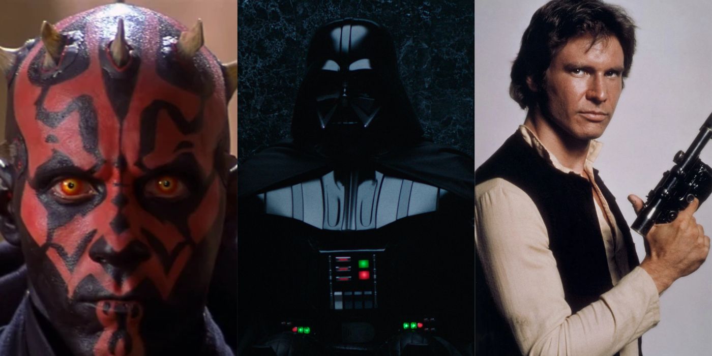 A split image of Darth Maul, Darth Vader and Han Solo