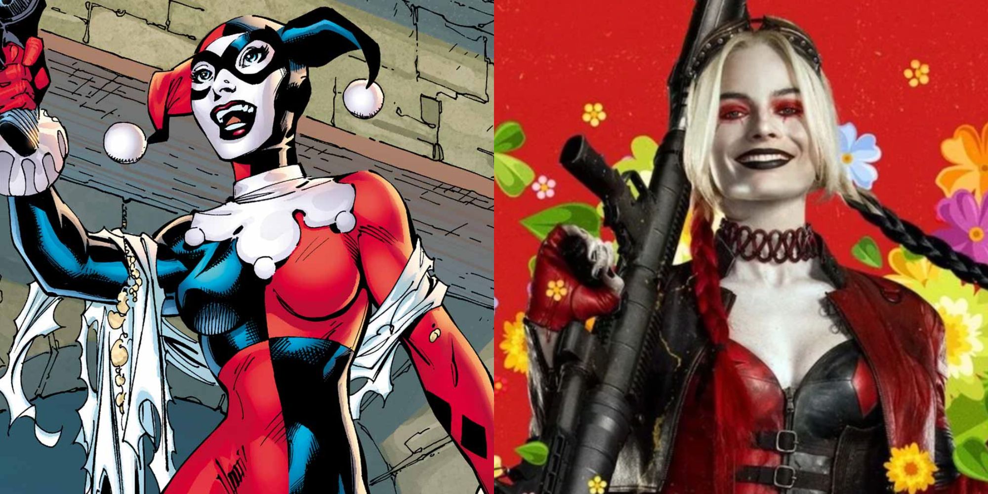 Split image showing Harley Quinn in the comics and in The Suicide Squad.