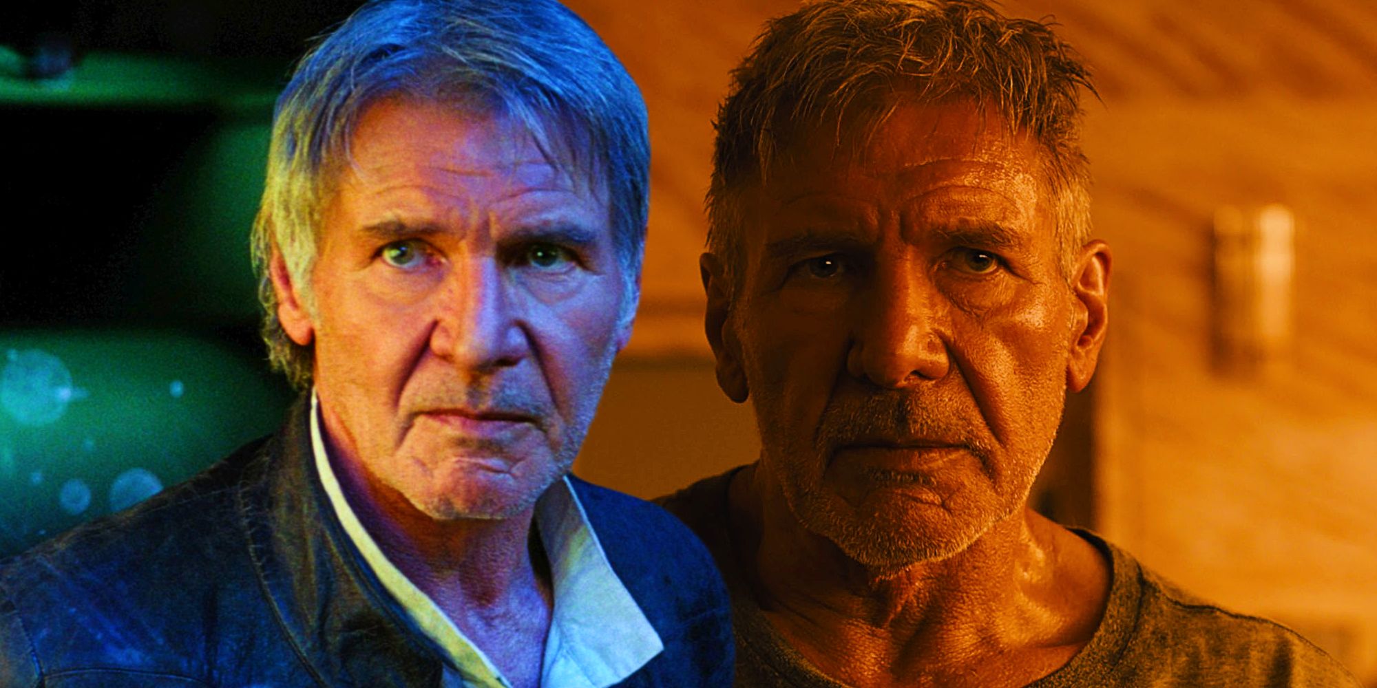 Harrison Ford as Han Solo in The Force Awakens and as Deckard in Blade Runner 2049