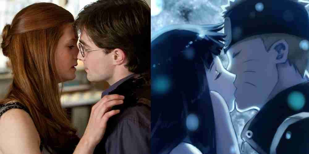 Harry and Ginny and Naruto and Hinata kissing.