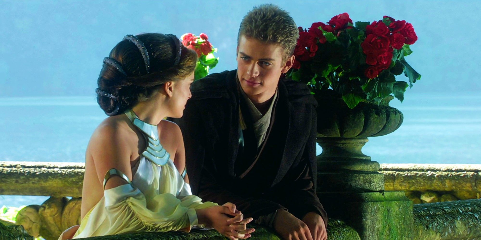 Hayden Christensen as Anakin Skywalker and Natalie Portman as Padme Amidala in Star Wars Episode 2 Attack of the Clones Hate Sand Scene
