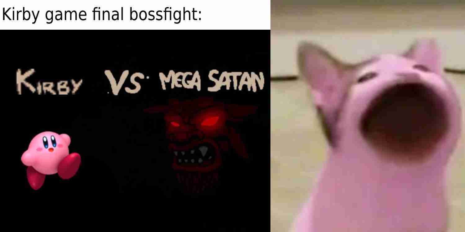 Header for Kirby memes shows Kirby facing off against Satan and as a cat.