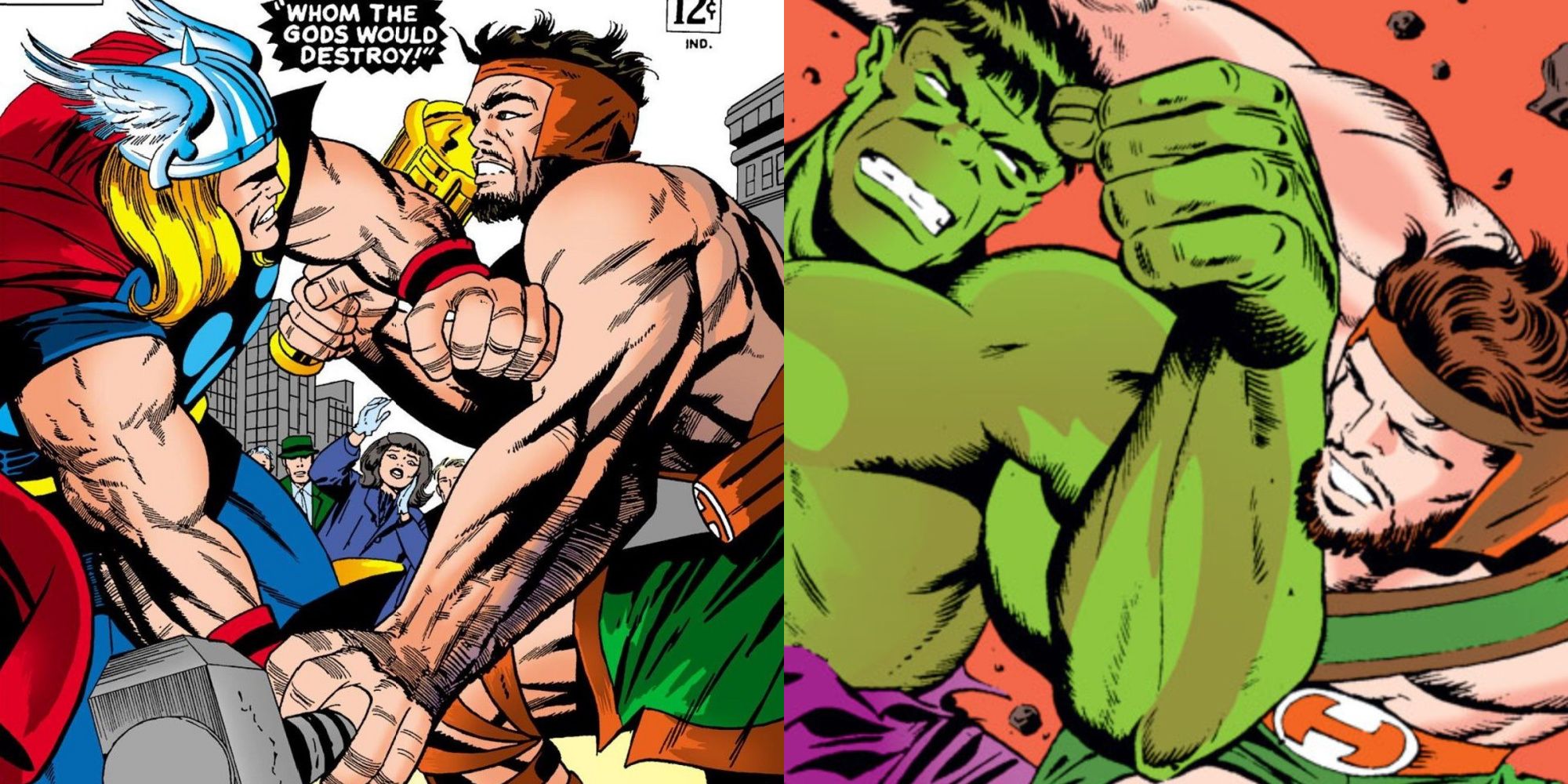 Split image of Thor fighting Hercules and fighting the Hulk in Marvel Comics.